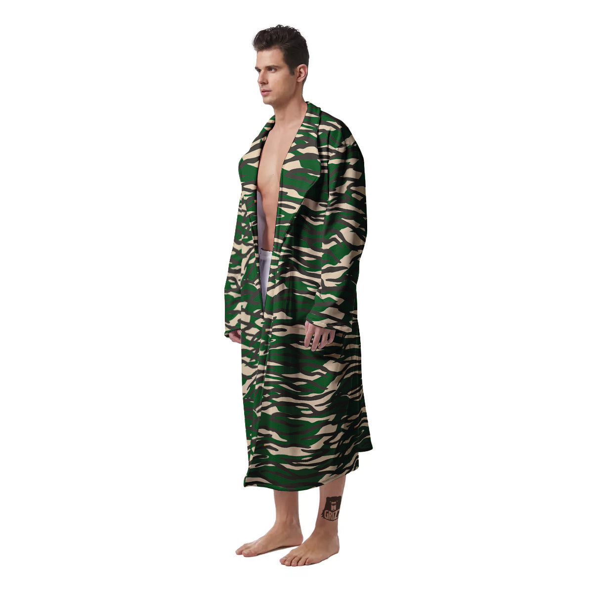 Black And Green Tiger Stripe Camo Print Men's Robe-grizzshop