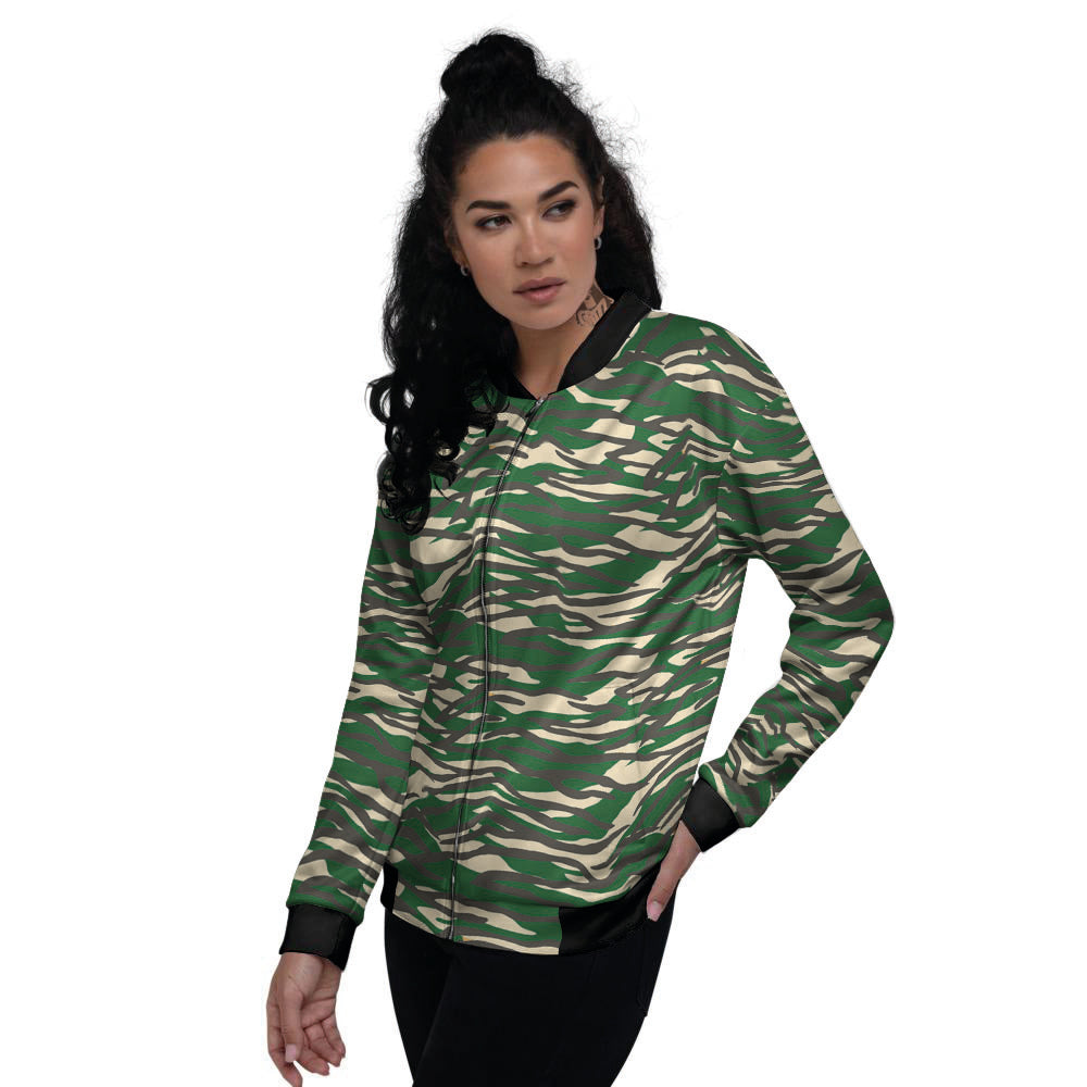 Black And Green Tiger Stripe Camo Print Women's Bomber Jacket-grizzshop