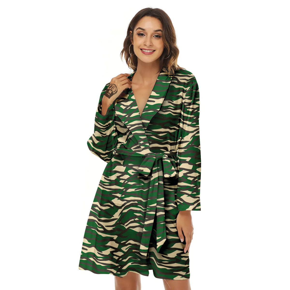 Black And Green Tiger Stripe Camo Print Women's Robe-grizzshop