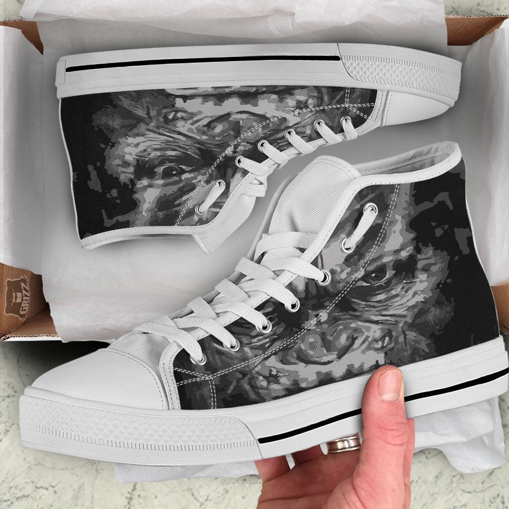 Black And Grey Face Chimpanzee Print White High Top Shoes-grizzshop