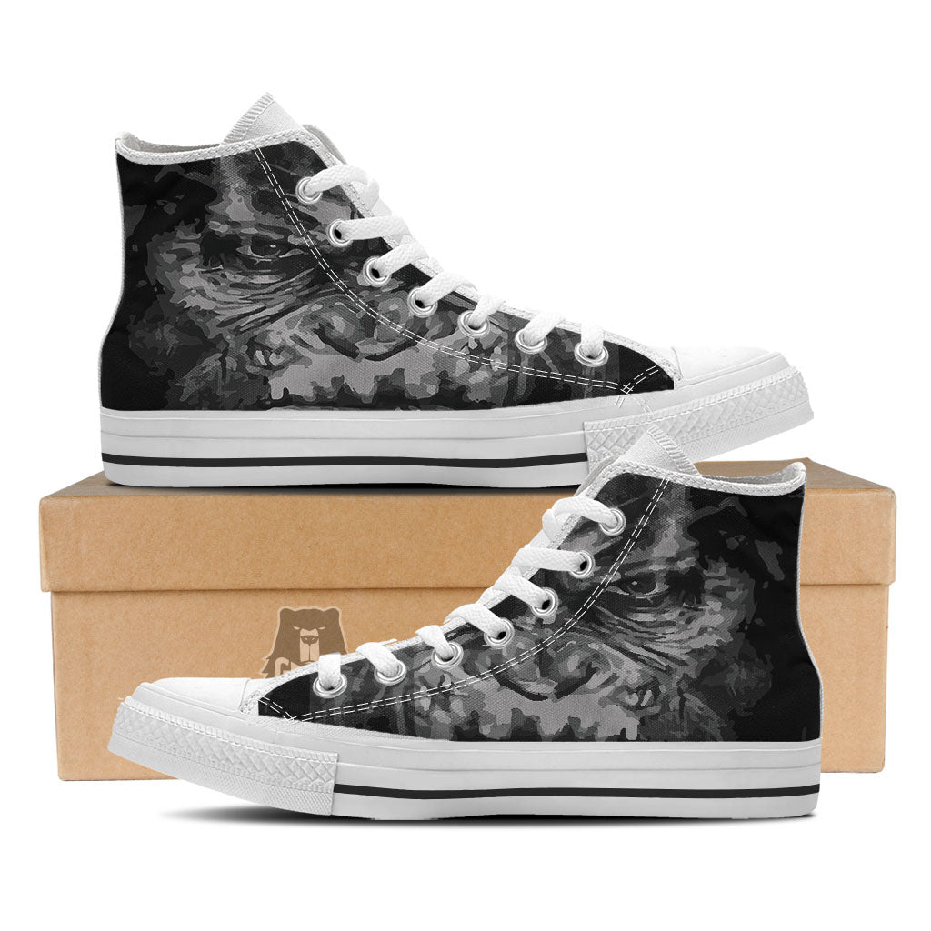 Black And Grey Face Chimpanzee Print White High Top Shoes-grizzshop
