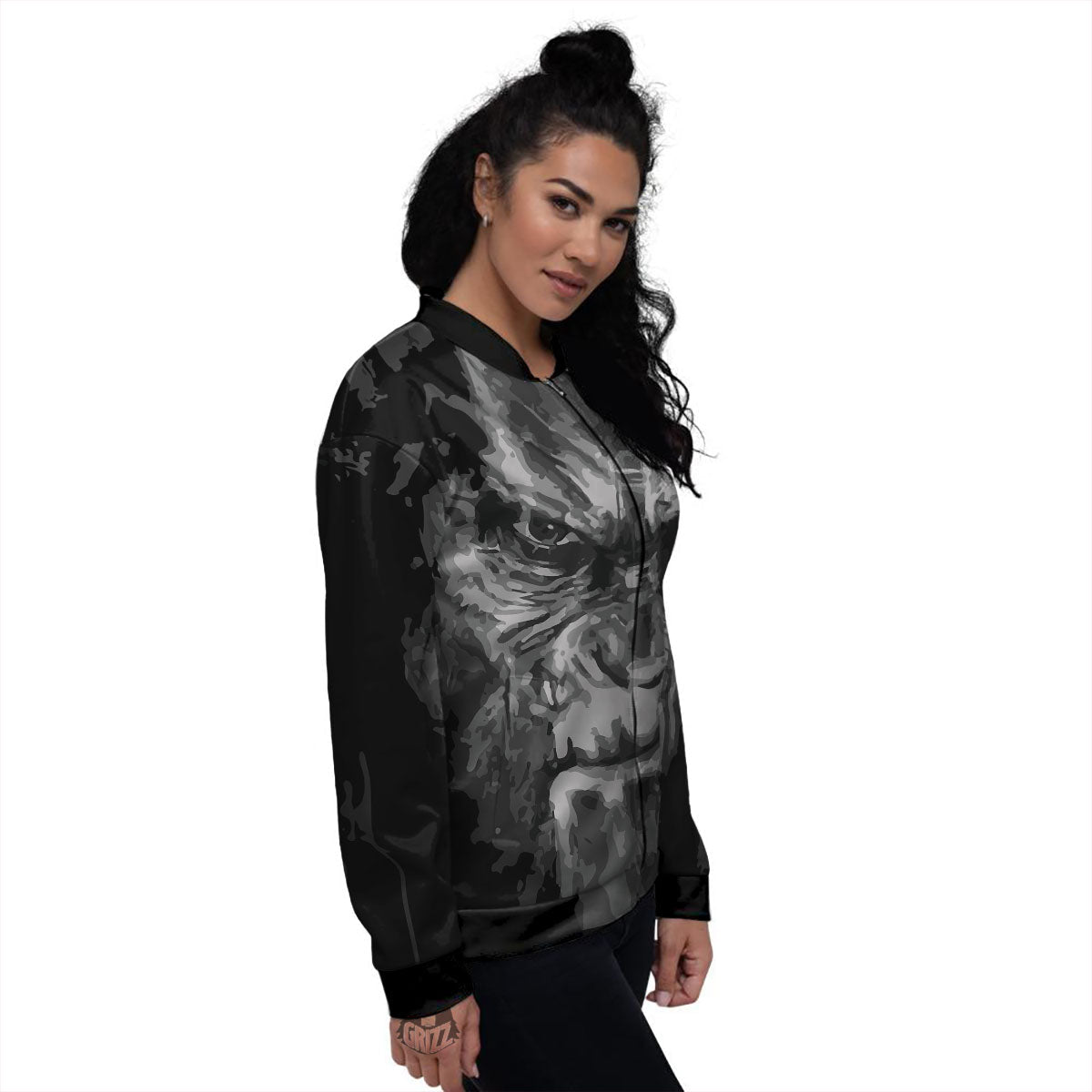 Black And Grey Face Chimpanzee Print Women's Bomber Jacket-grizzshop