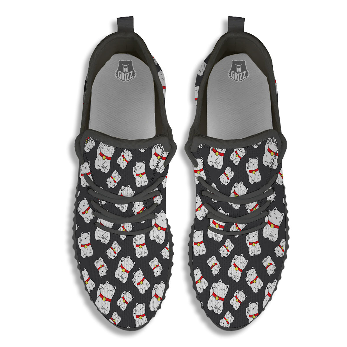 Black And Lucky Cat Print Pattern Black Walking Shoes-grizzshop