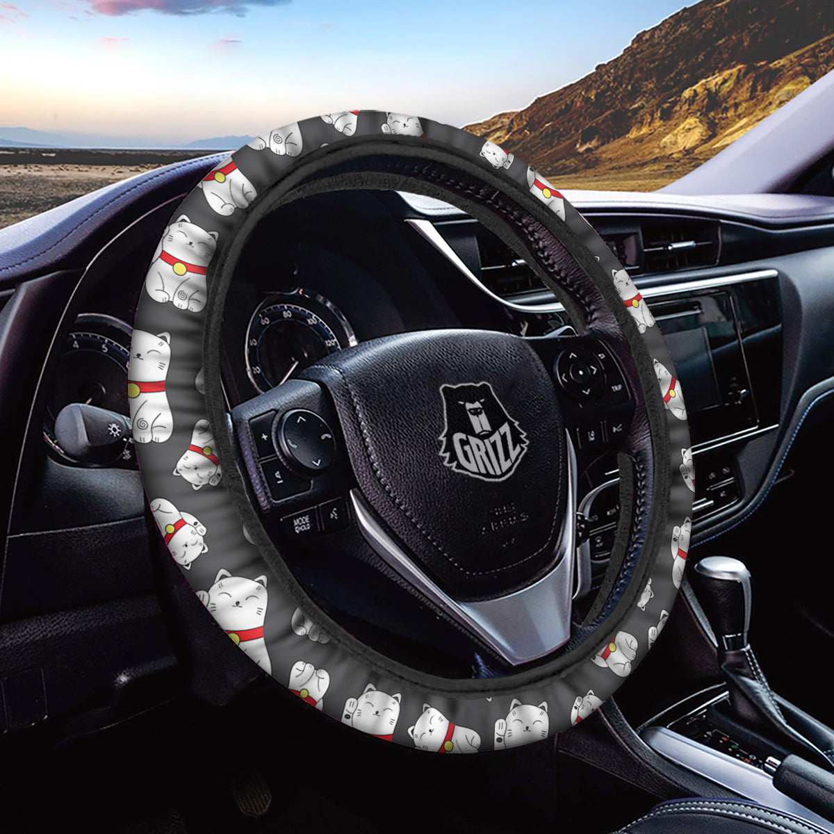 Black And Lucky Cat Print Pattern Car Steering Wheel Cover-grizzshop