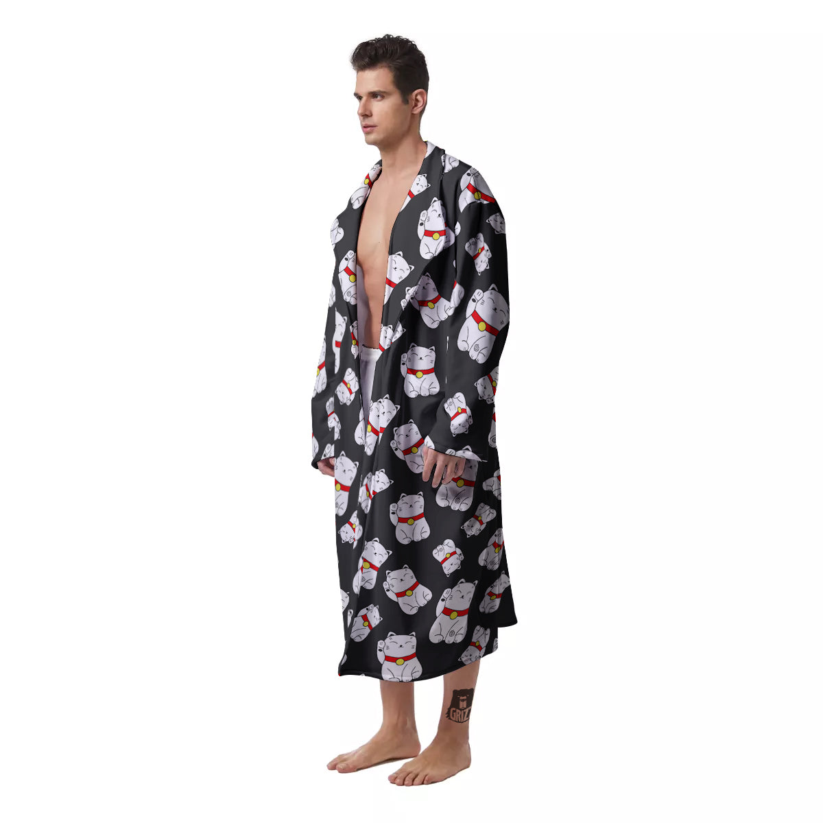 Black And Lucky Cat Print Pattern Men's Robe-grizzshop
