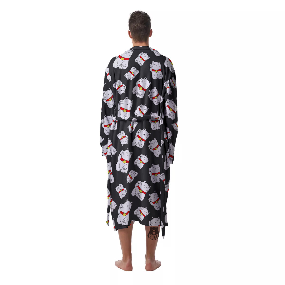 Black And Lucky Cat Print Pattern Men's Robe-grizzshop