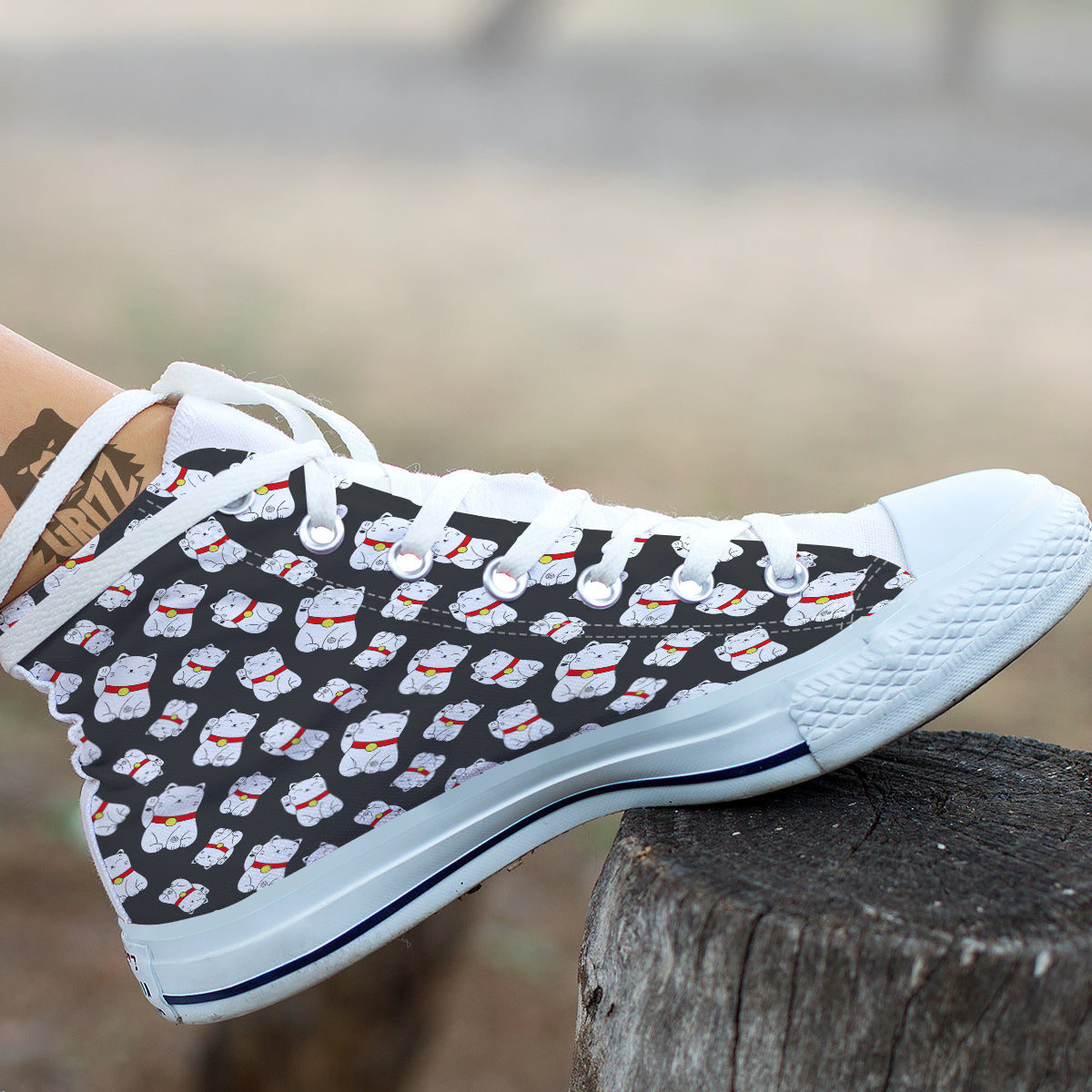 Black And Lucky Cat Print Pattern White High Top Shoes-grizzshop