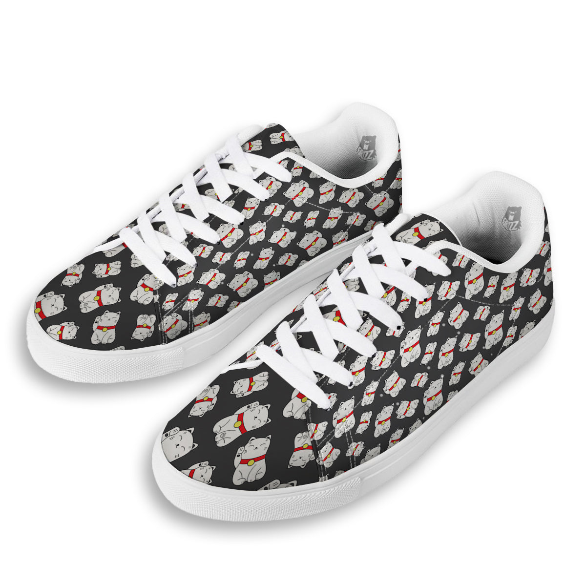 Black And Lucky Cat Print Pattern White Low Top Sneakers-grizzshop