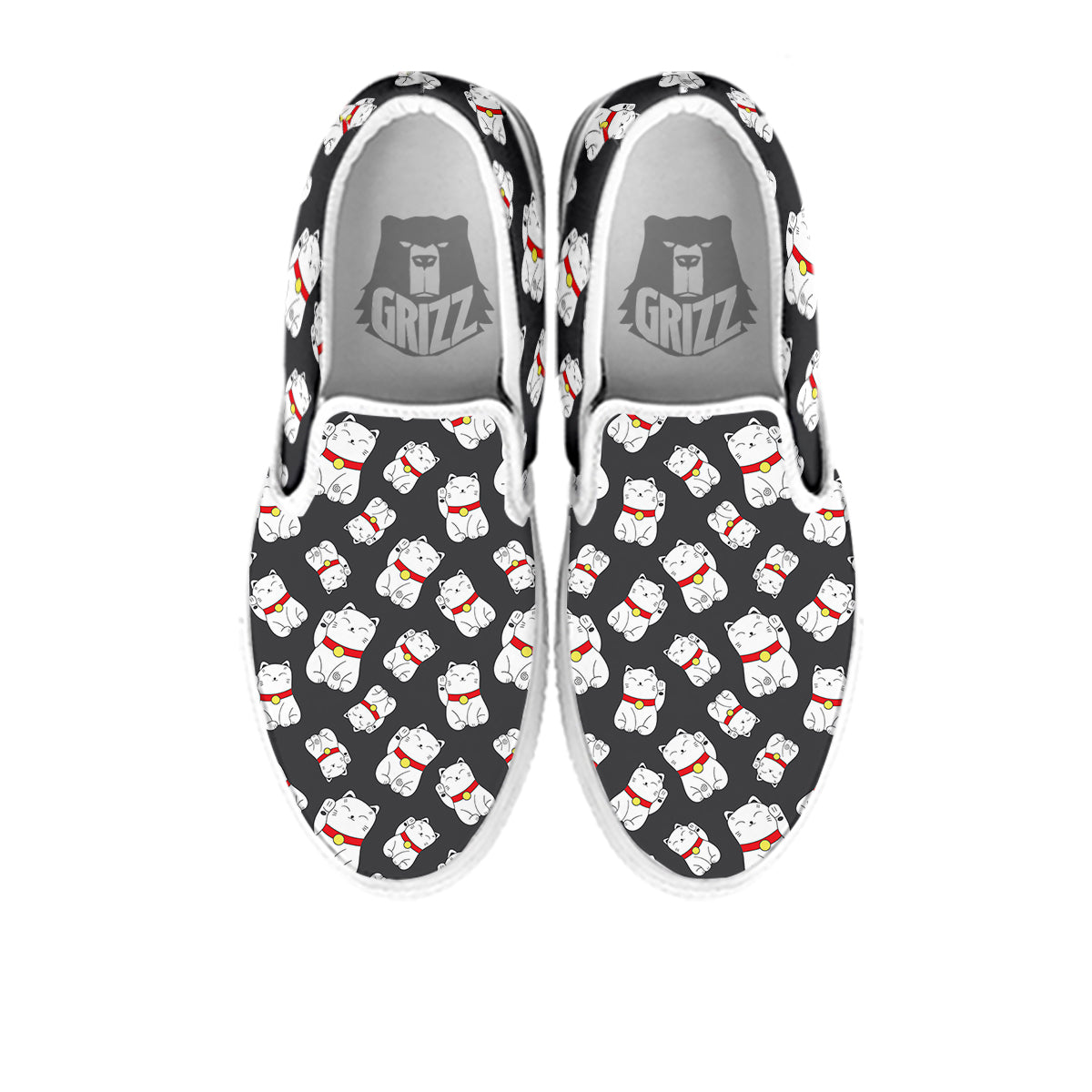 Black And Lucky Cat Print Pattern White Slip On Shoes-grizzshop