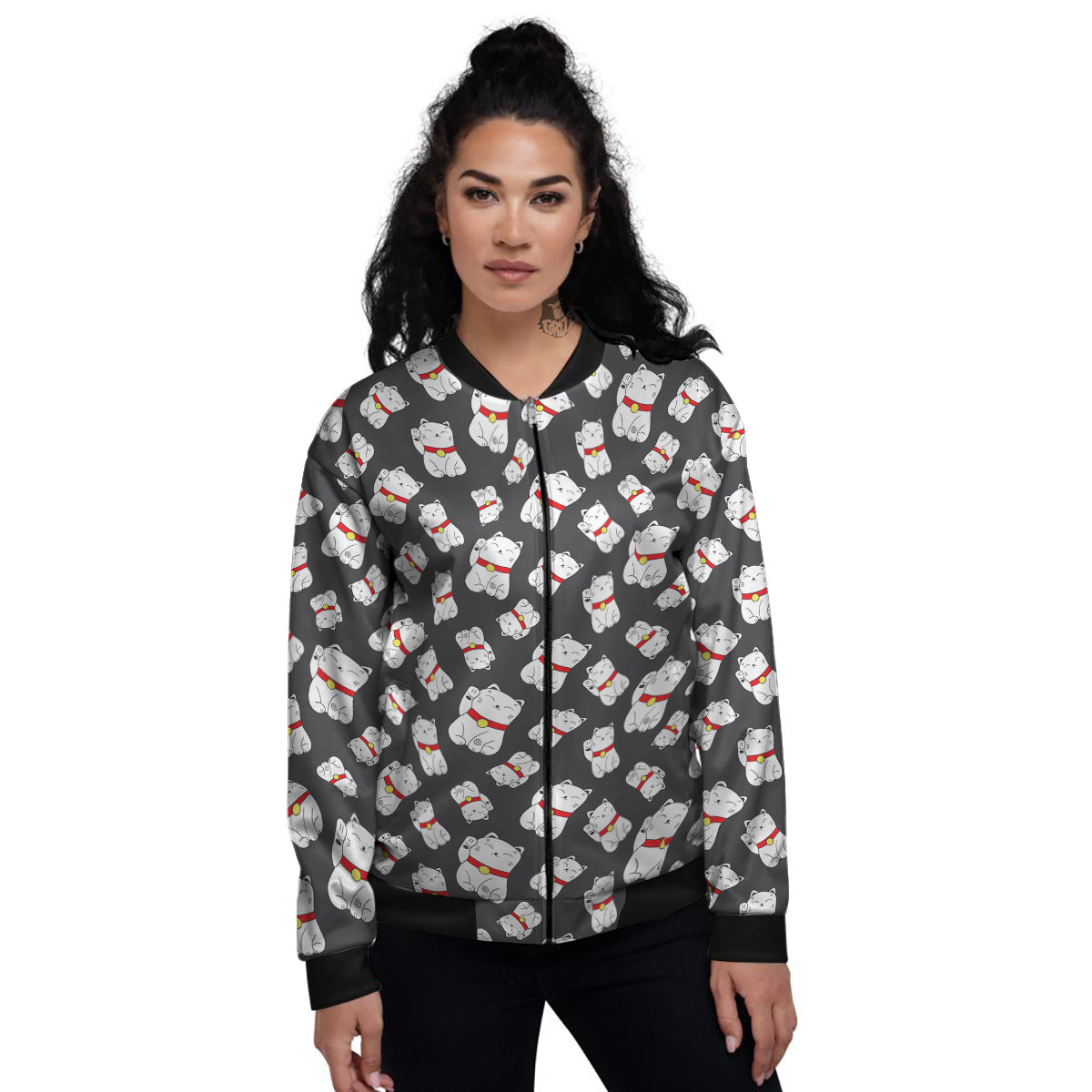 Black And Lucky Cat Print Pattern Women's Bomber Jacket-grizzshop