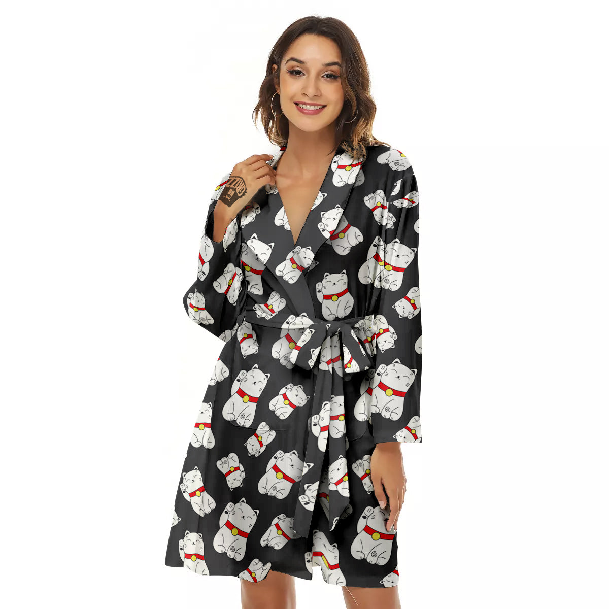 Black And Lucky Cat Print Pattern Women's Robe-grizzshop