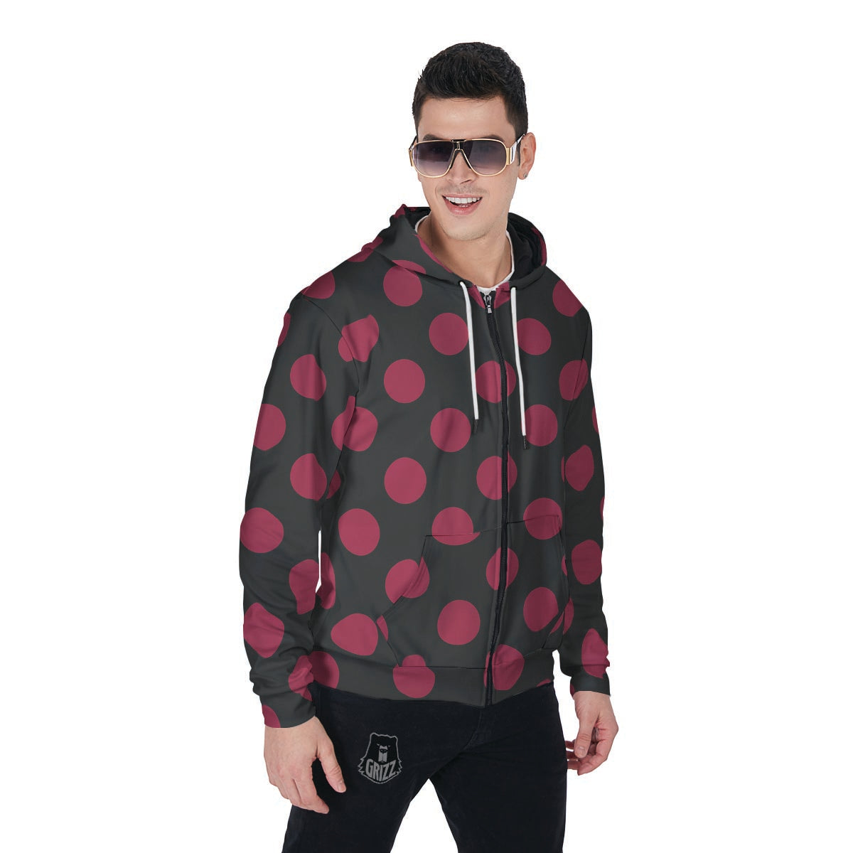 Black And Maroon Polka Dot Men's Zip Up Hoodie-grizzshop