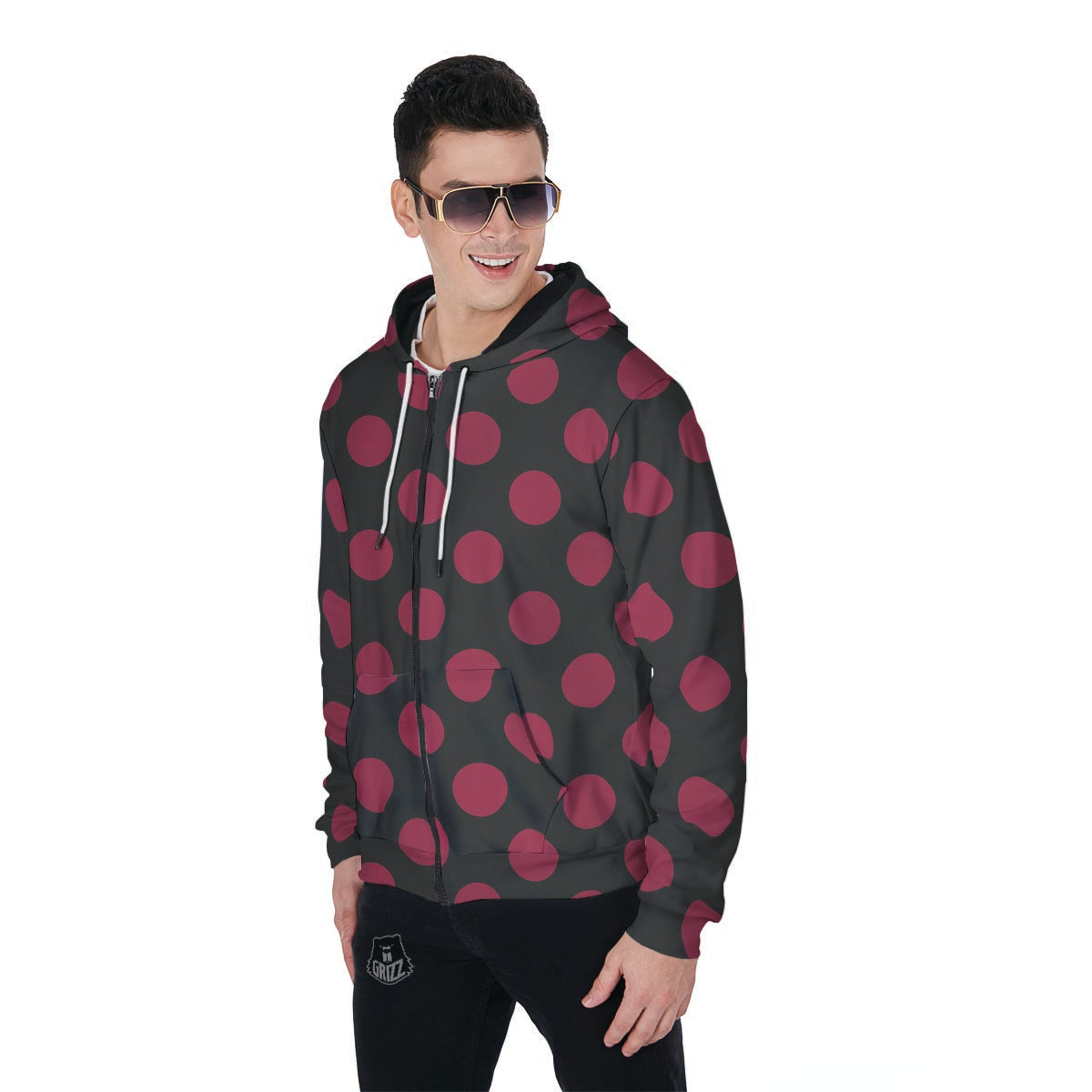 Black And Maroon Polka Dot Men's Zip Up Hoodie-grizzshop