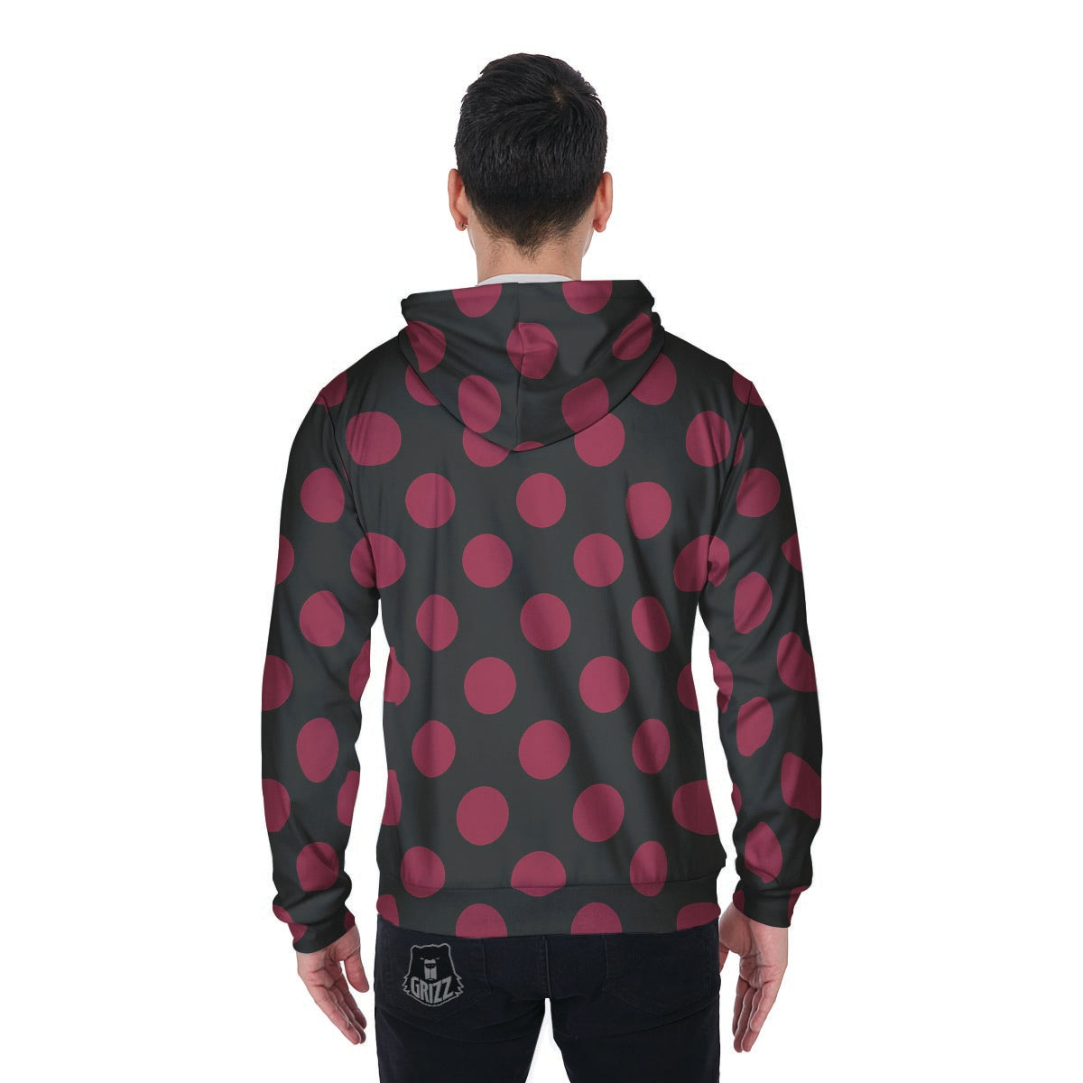 Black And Maroon Polka Dot Men's Zip Up Hoodie-grizzshop