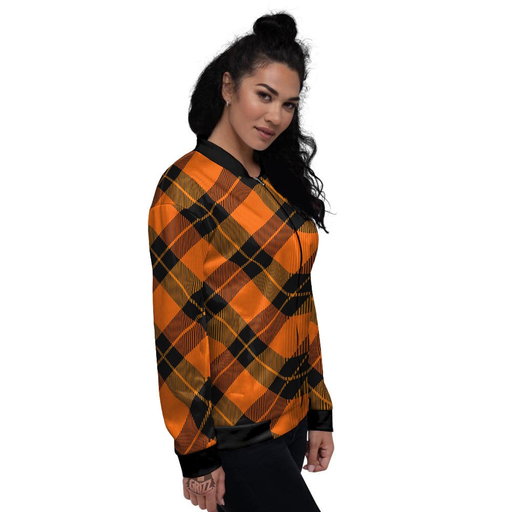 Black And Orange Plaid Print Pattern Women's Bomber Jacket-grizzshop