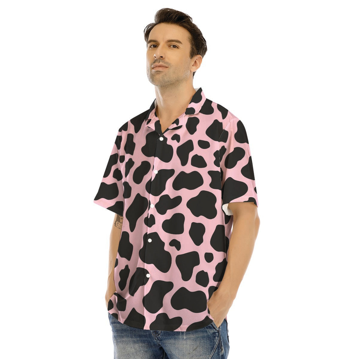 Black And Pink Cow Print Men’s Hawaiian Shirt-grizzshop
