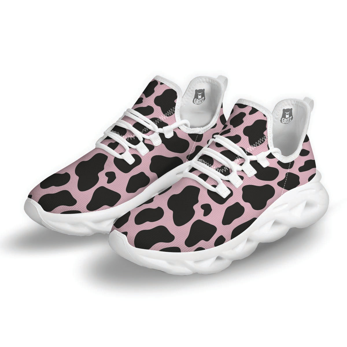 Black And Pink Cow Print White Running Shoes-grizzshop