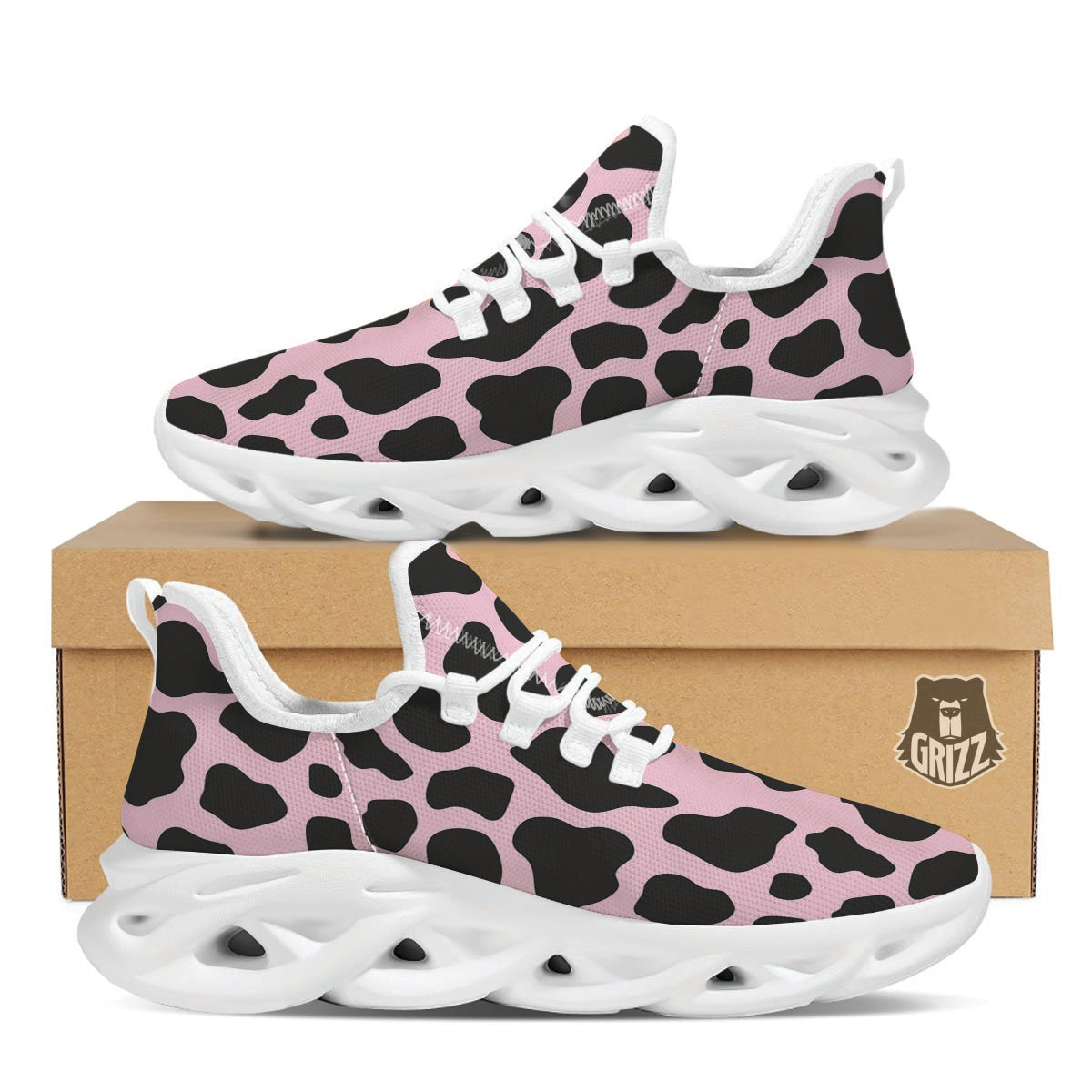 Black And Pink Cow Print White Running Shoes-grizzshop