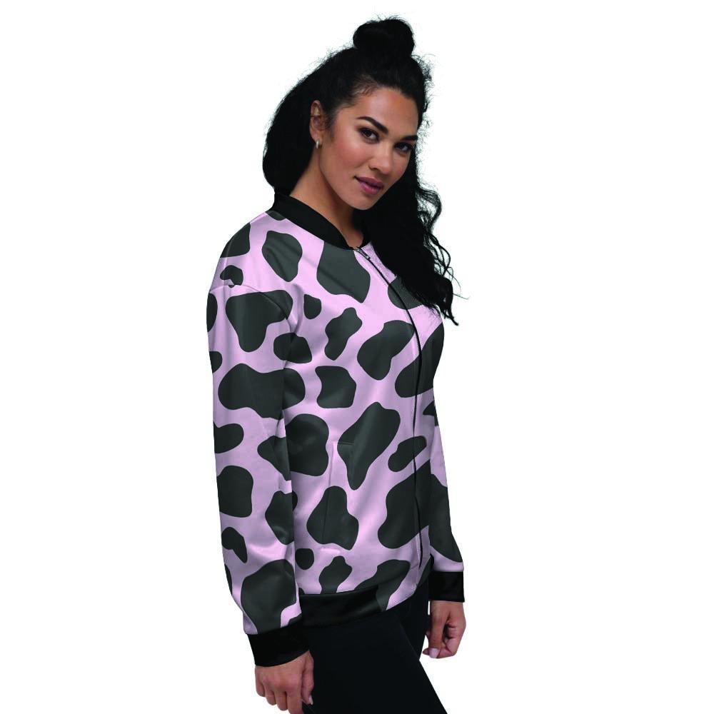 Black And Pink Cow Print Women's Bomber Jacket-grizzshop