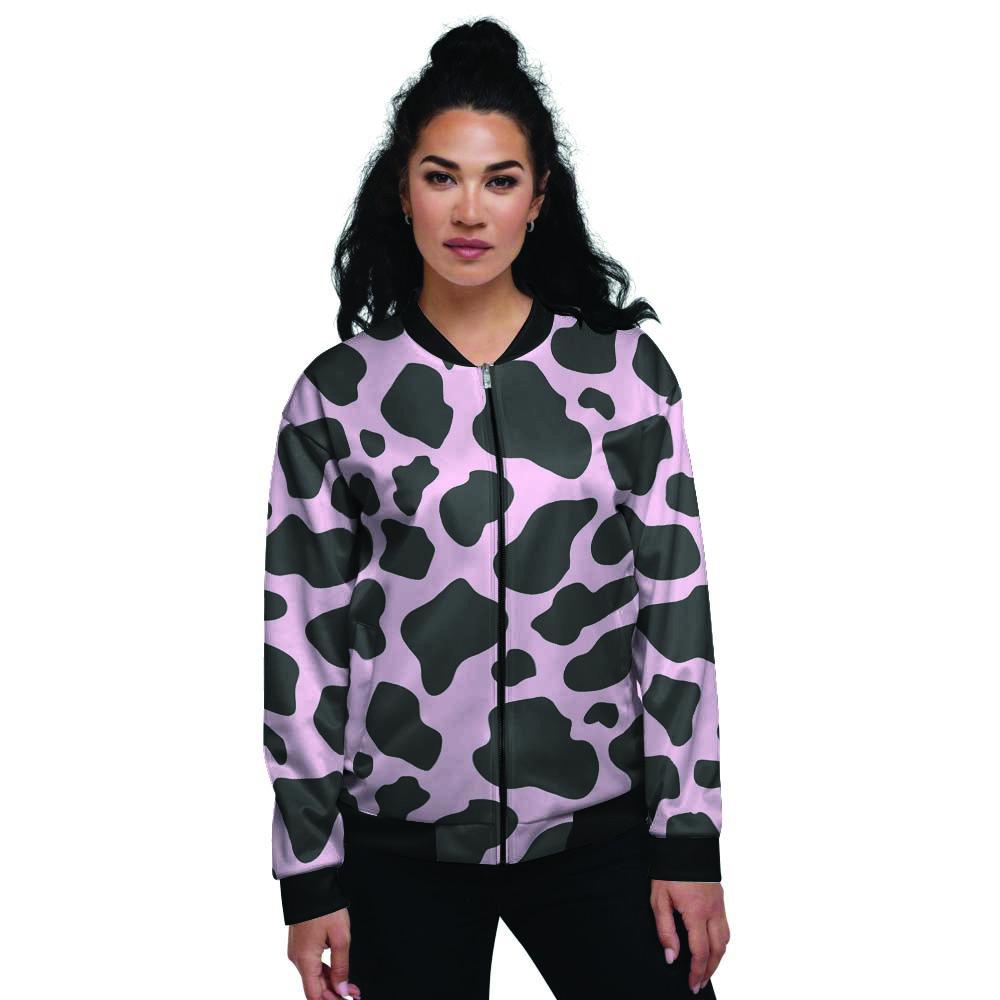 Black And Pink Cow Print Women's Bomber Jacket-grizzshop