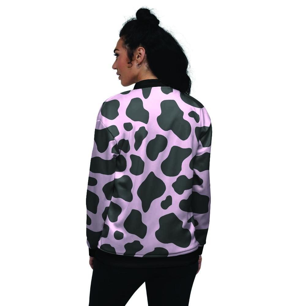 Black And Pink Cow Print Women's Bomber Jacket-grizzshop