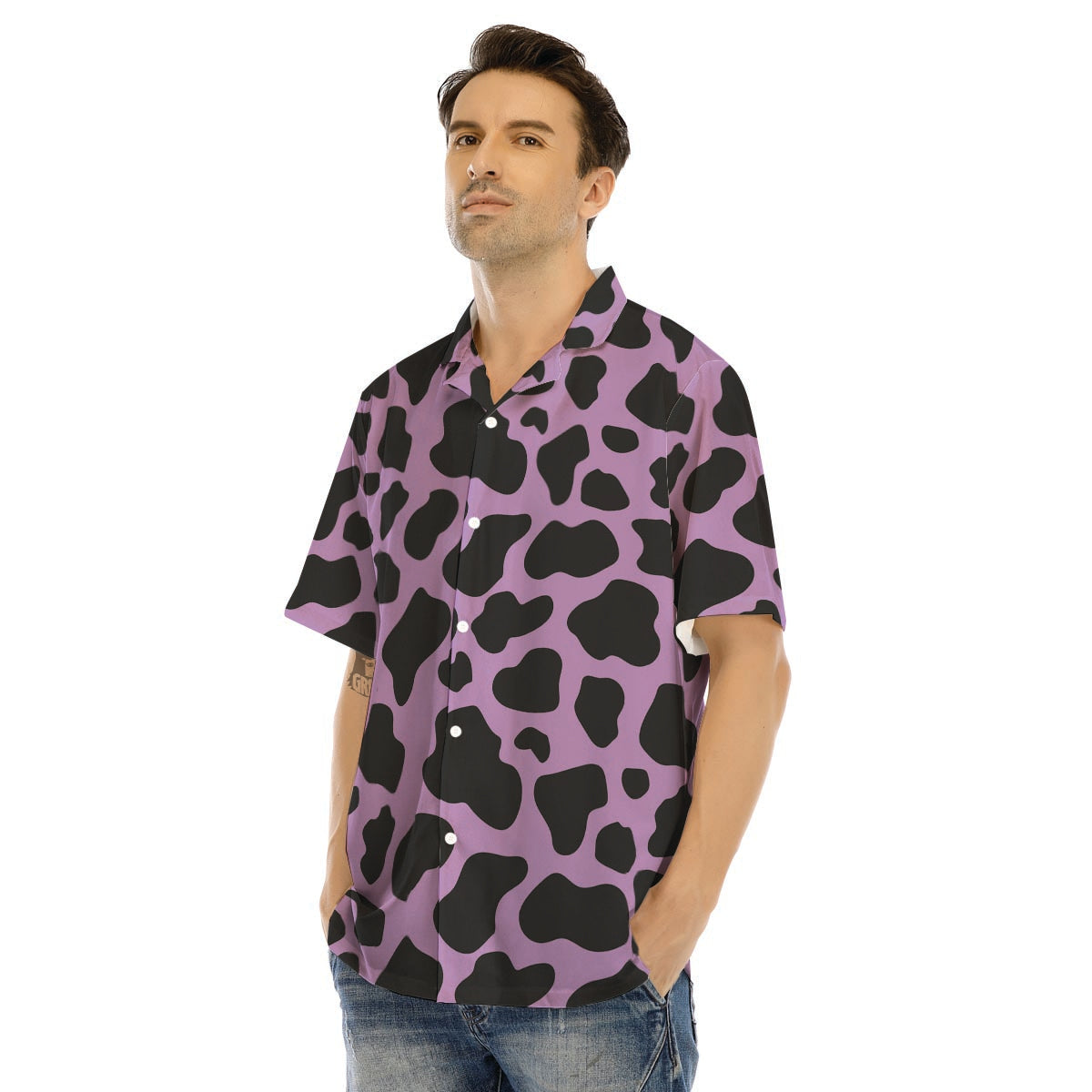 Black And Purple Cow Print Men’s Hawaiian Shirt-grizzshop
