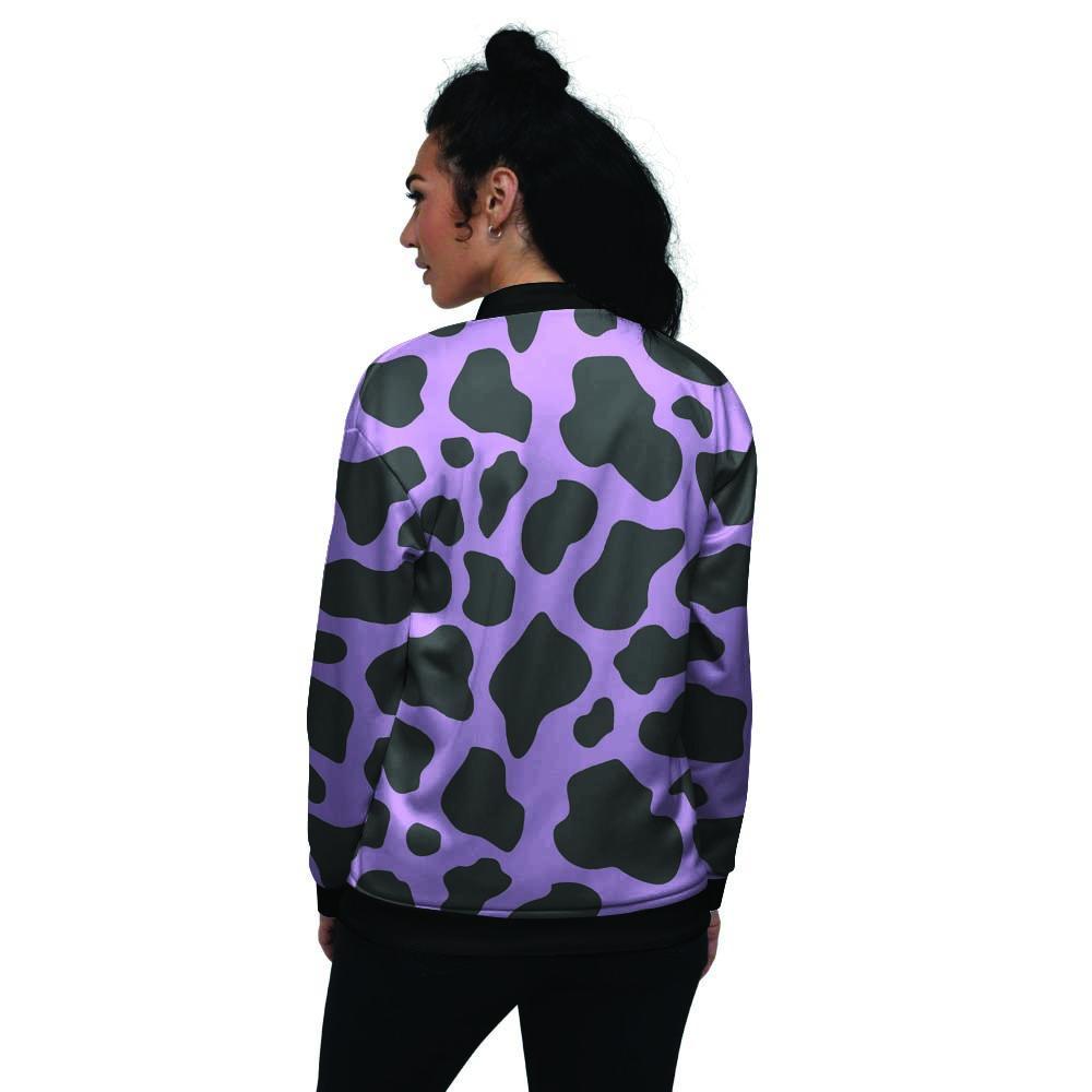 Black And Purple Cow Print Women's Bomber Jacket-grizzshop