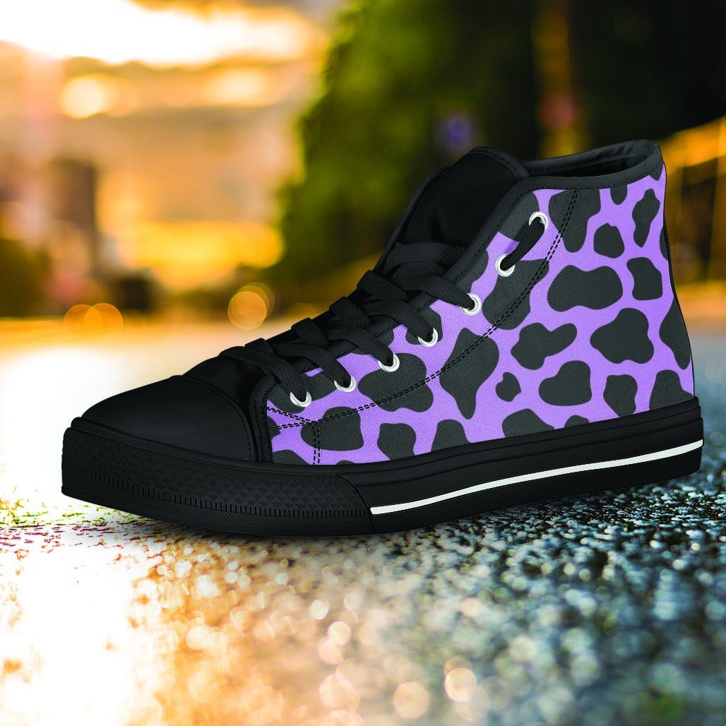 Black And Purple Cow Print Women's High Top Shoes-grizzshop