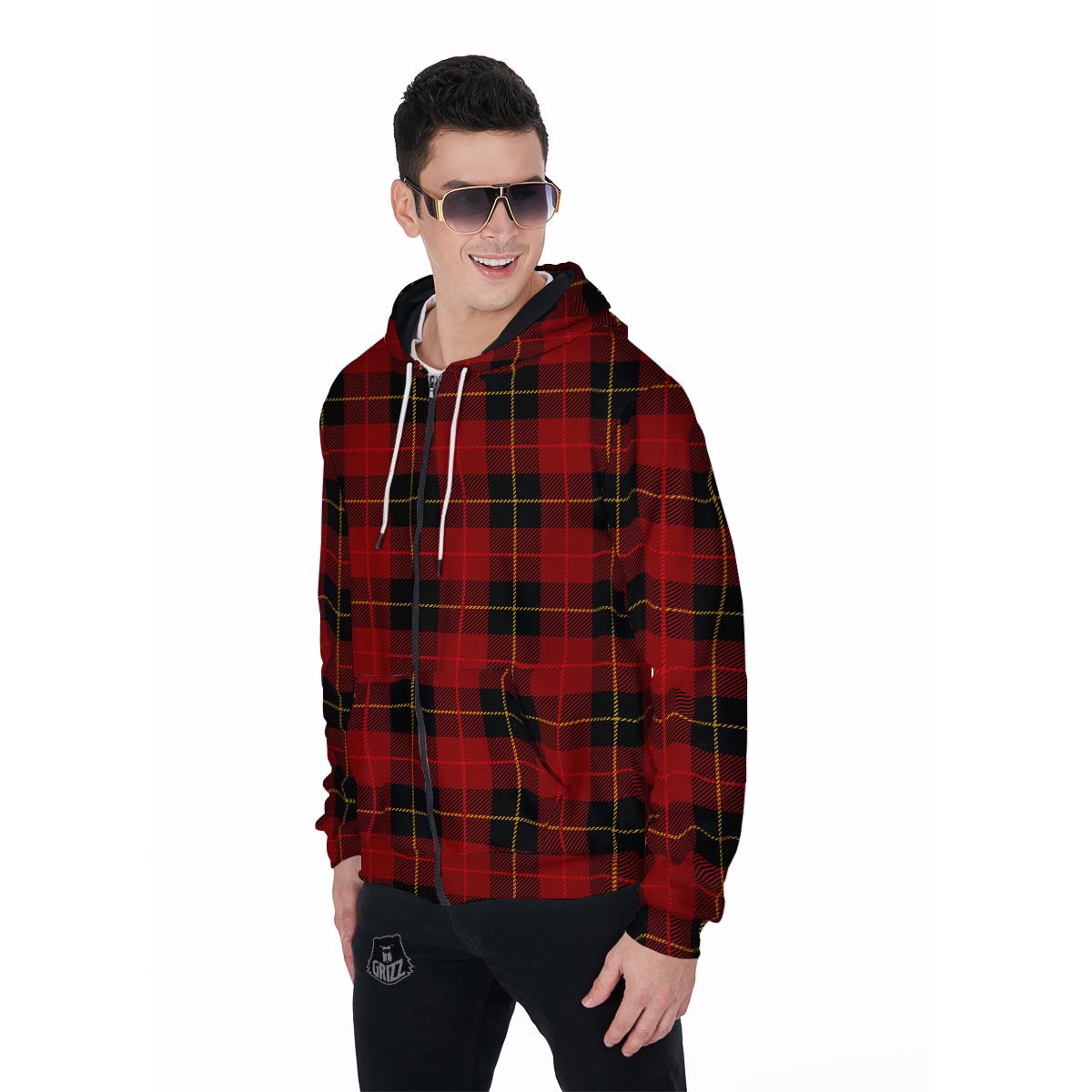 Black And Red Plaid Tartan Men's Zip Up Hoodie-grizzshop