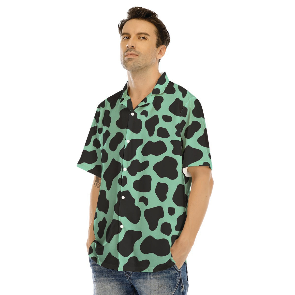 Black And Teal Cow Print Men’s Hawaiian Shirt-grizzshop