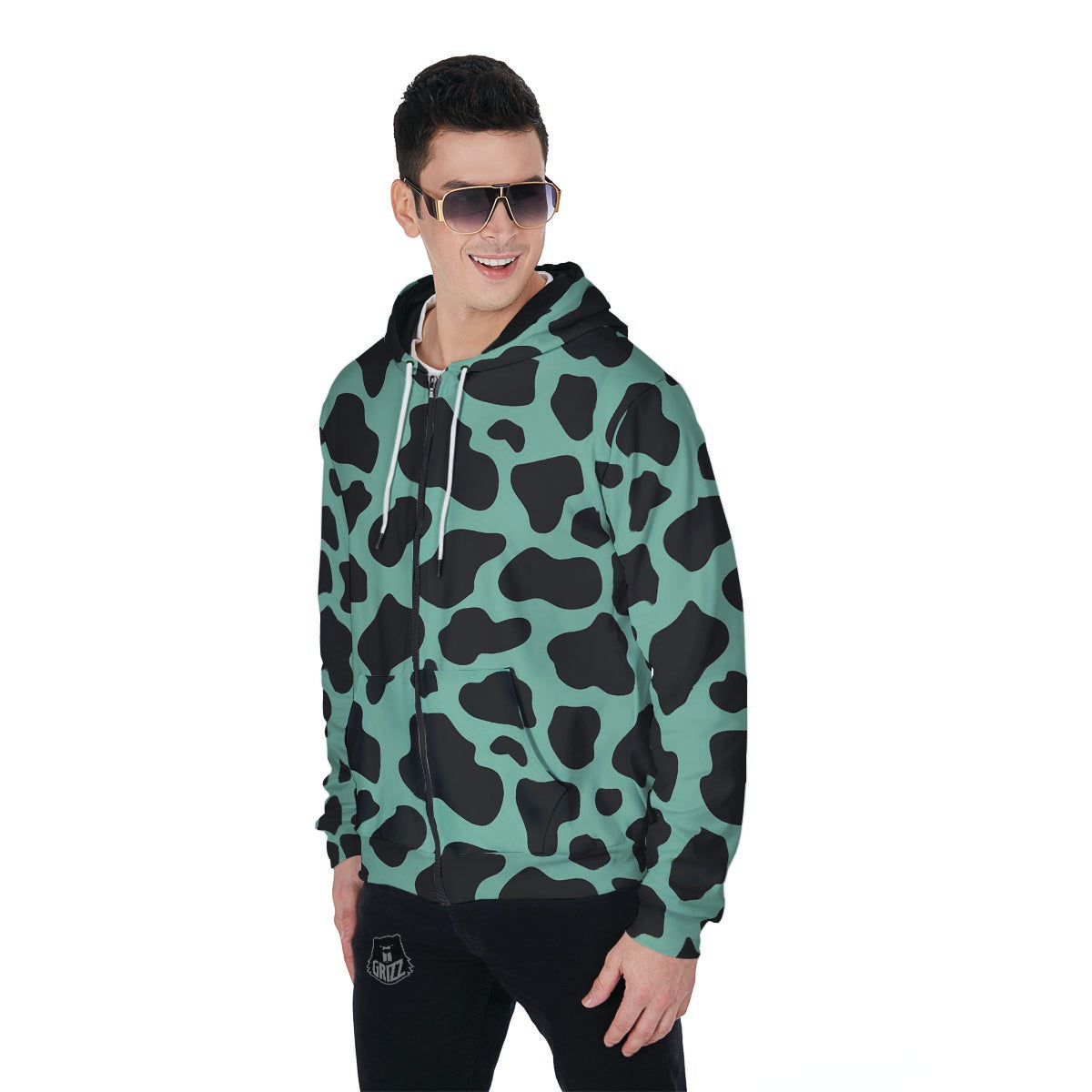Black And Teal Cow Print Men's Zip Up Hoodie-grizzshop