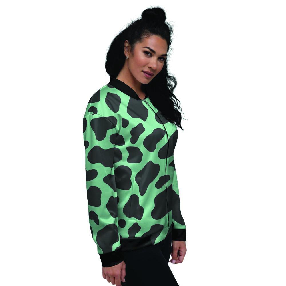 Black And Teal Cow Print Women's Bomber Jacket-grizzshop