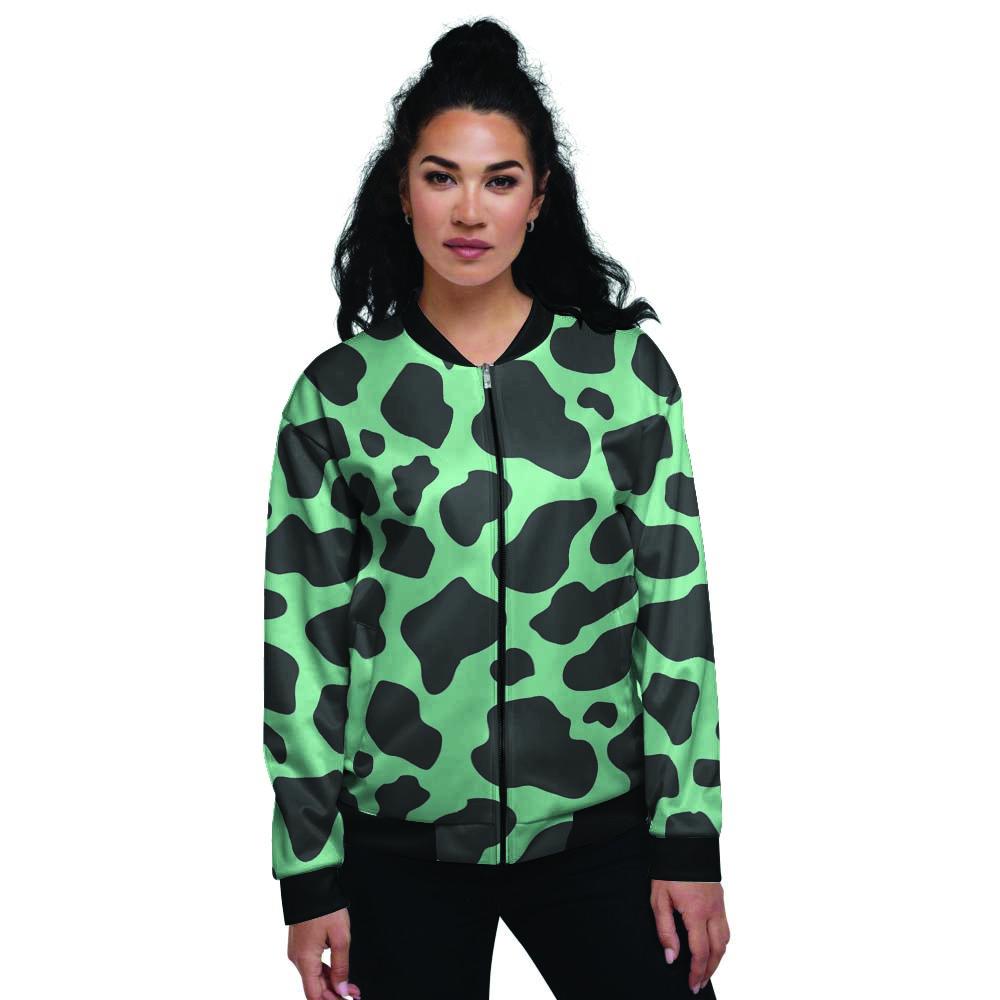 Black And Teal Cow Print Women's Bomber Jacket-grizzshop
