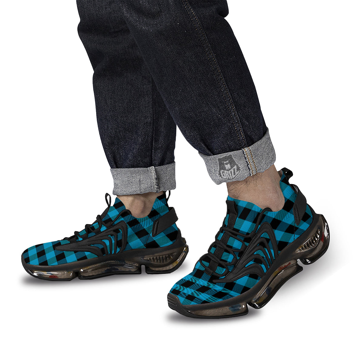 Black And Turquoise Check Print Pattern Black Gym Shoes-grizzshop