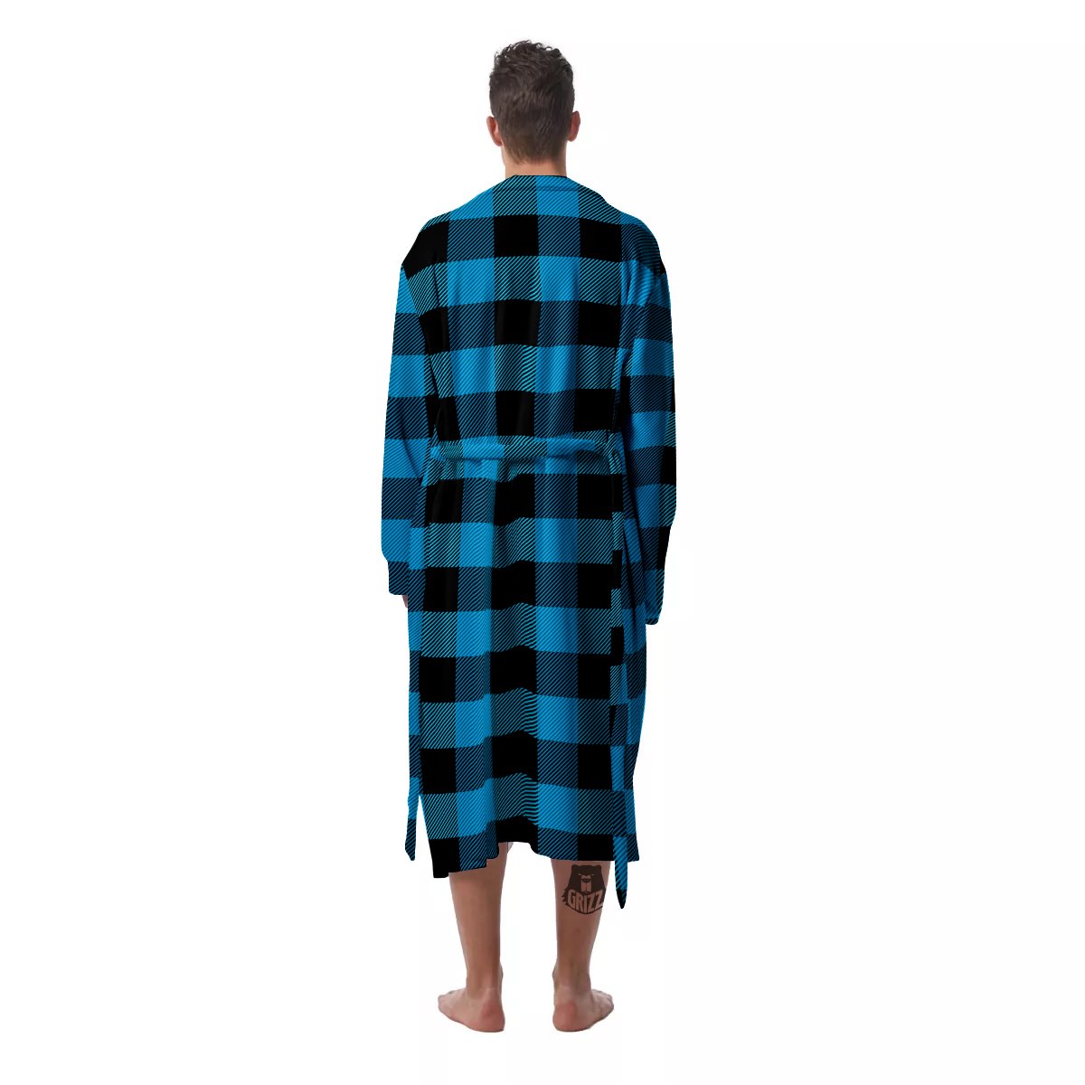 Black And Turquoise Check Print Pattern Men's Robe-grizzshop