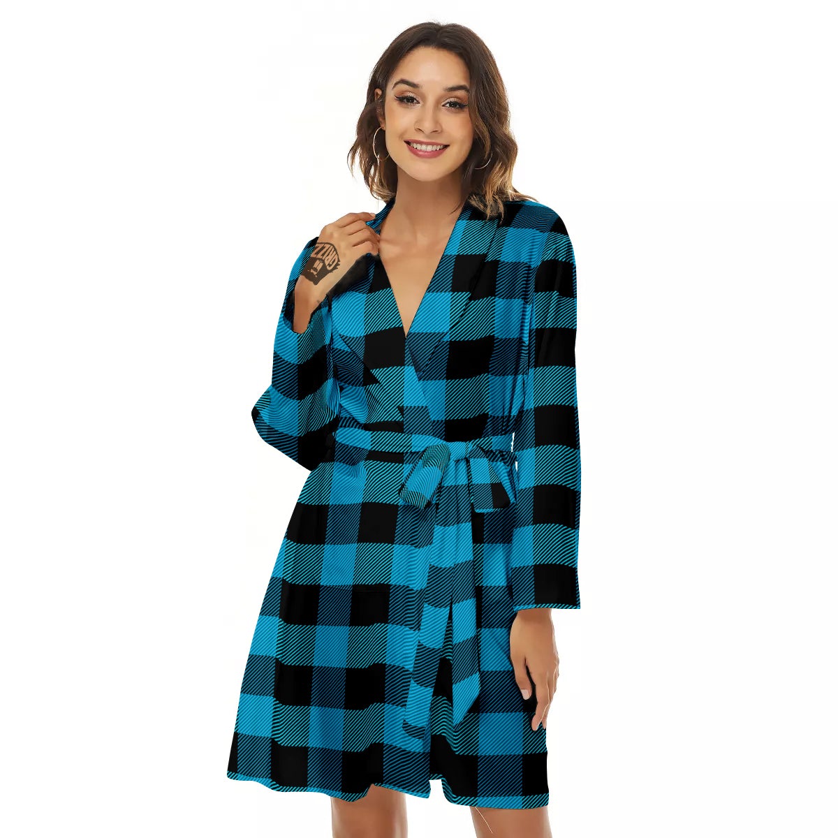 Black And Turquoise Check Print Pattern Women's Robe-grizzshop