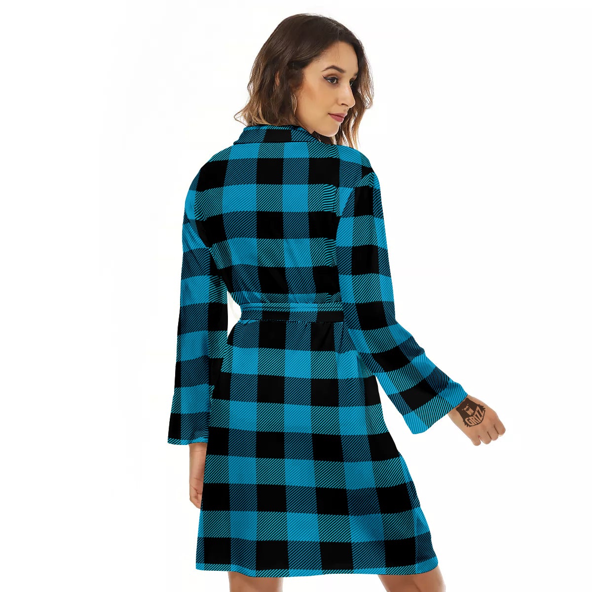 Black And Turquoise Check Print Pattern Women's Robe-grizzshop