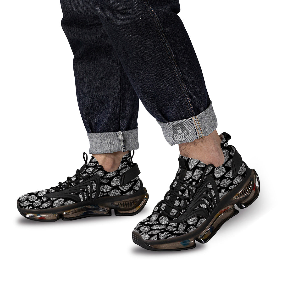 Black And White African Fancy Masks Print Pattern Black Gym Shoes-grizzshop