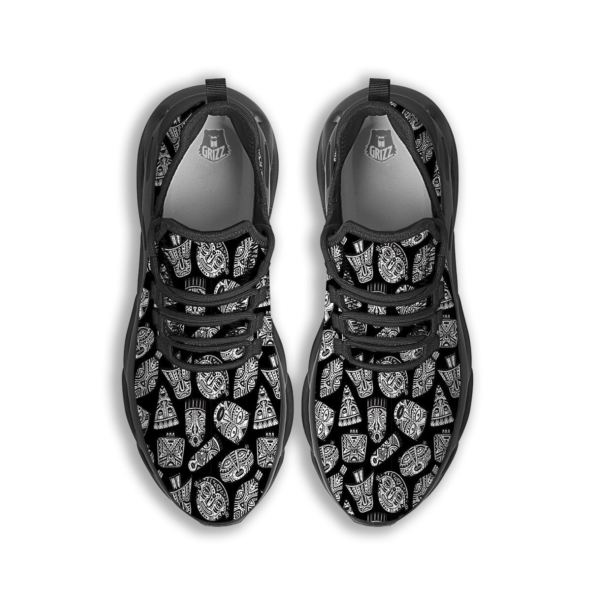 Black And White African Fancy Masks Print Pattern Black Running Shoes-grizzshop