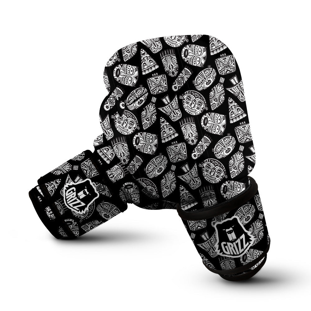 Black And White African Fancy Masks Print Pattern Boxing Gloves-grizzshop
