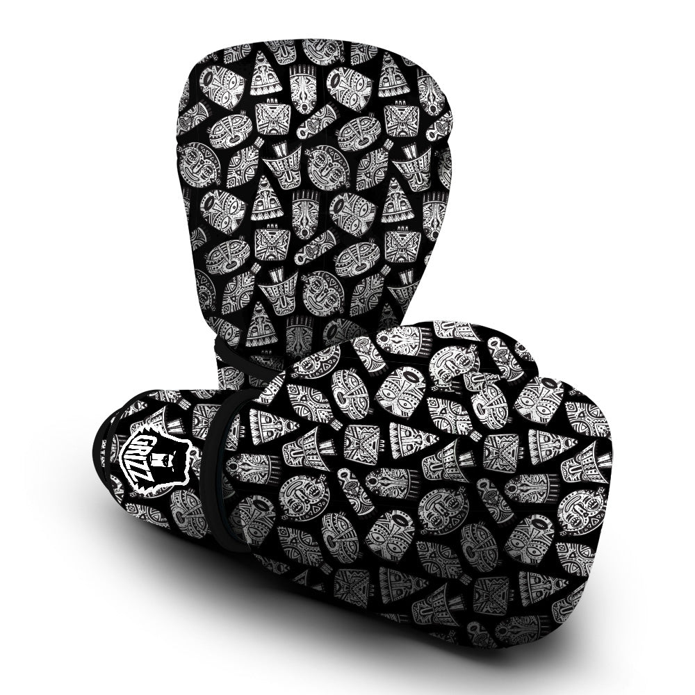 Black And White African Fancy Masks Print Pattern Boxing Gloves-grizzshop