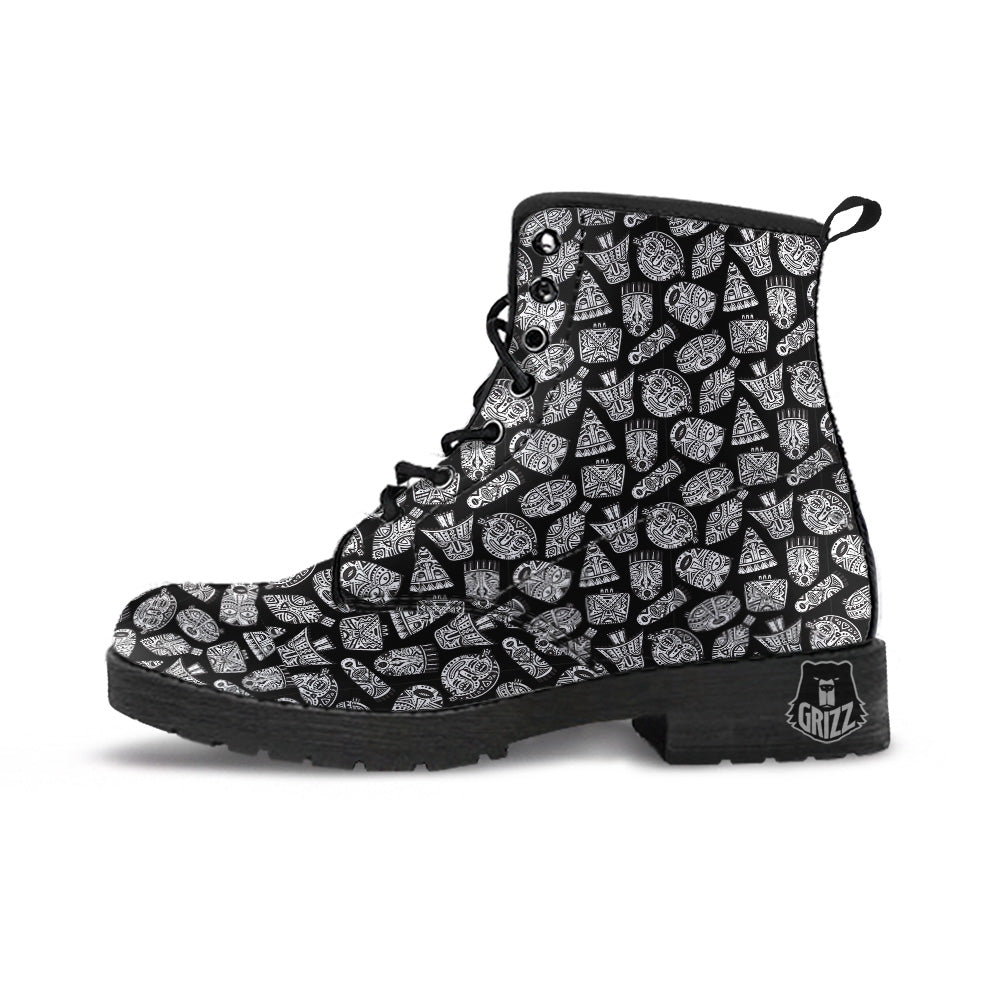 Black And White African Fancy Masks Print Pattern Leather Boots-grizzshop