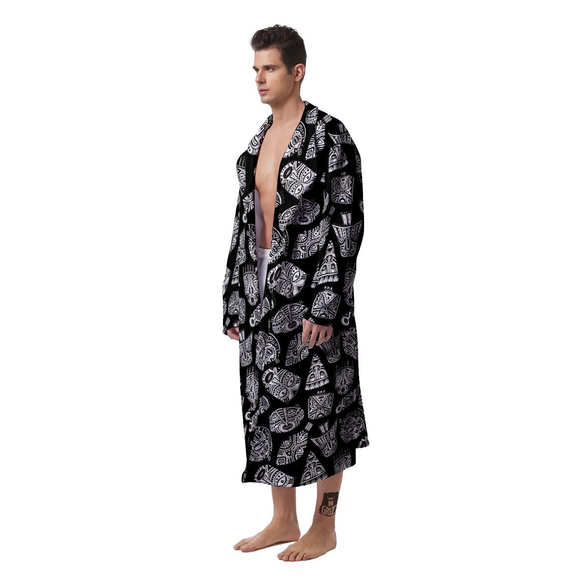 Black And White African Fancy Masks Print Pattern Men's Robe-grizzshop