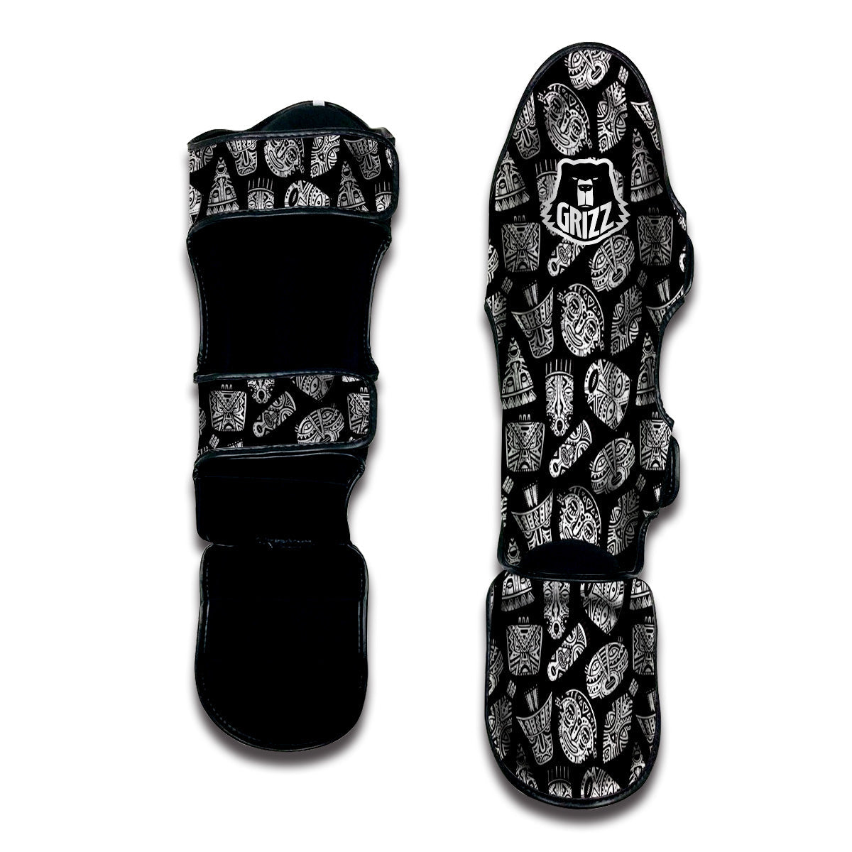 Black And White African Fancy Masks Print Pattern Muay Thai Shin Guards-grizzshop