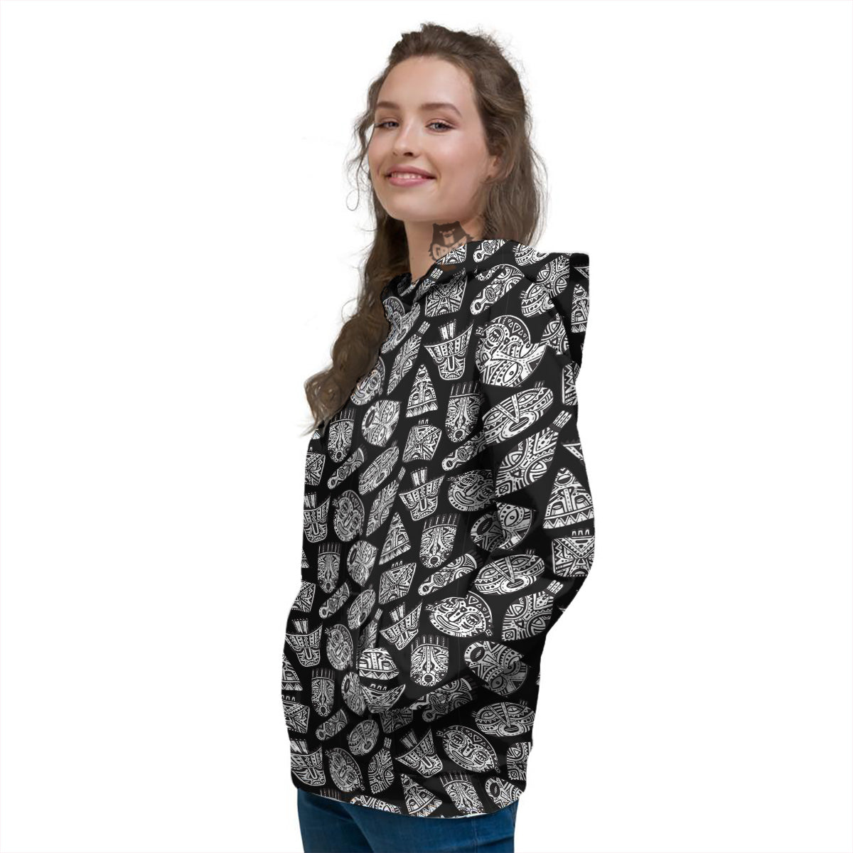 Black And White African Fancy Masks Print Pattern Women's Hoodie-grizzshop
