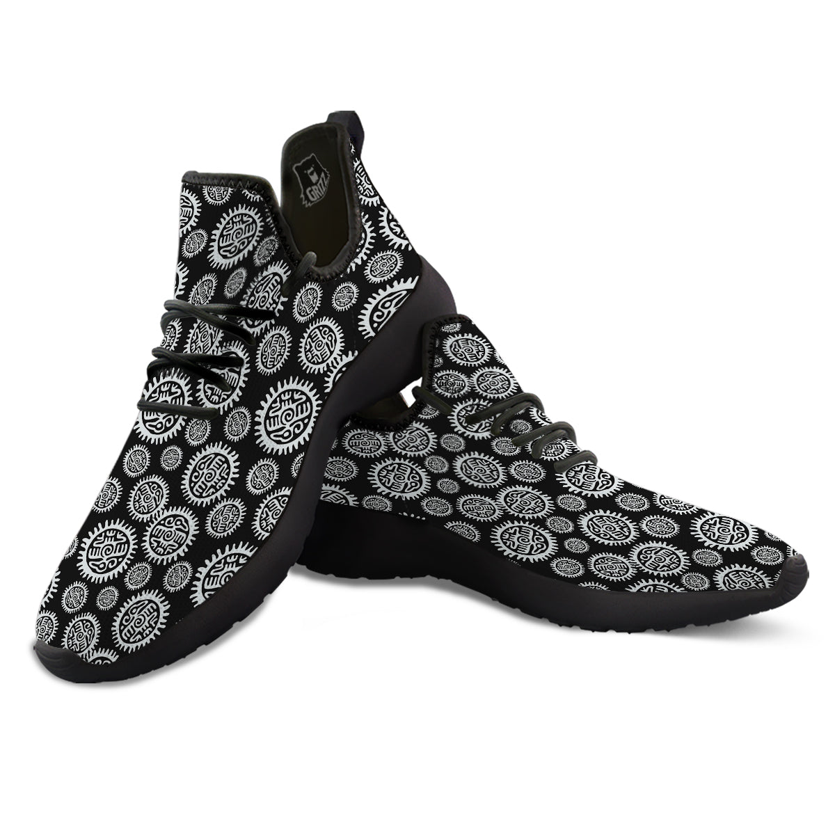 Black And White Aztec Mayan Eagle Print Pattern Black Athletic Shoes-grizzshop