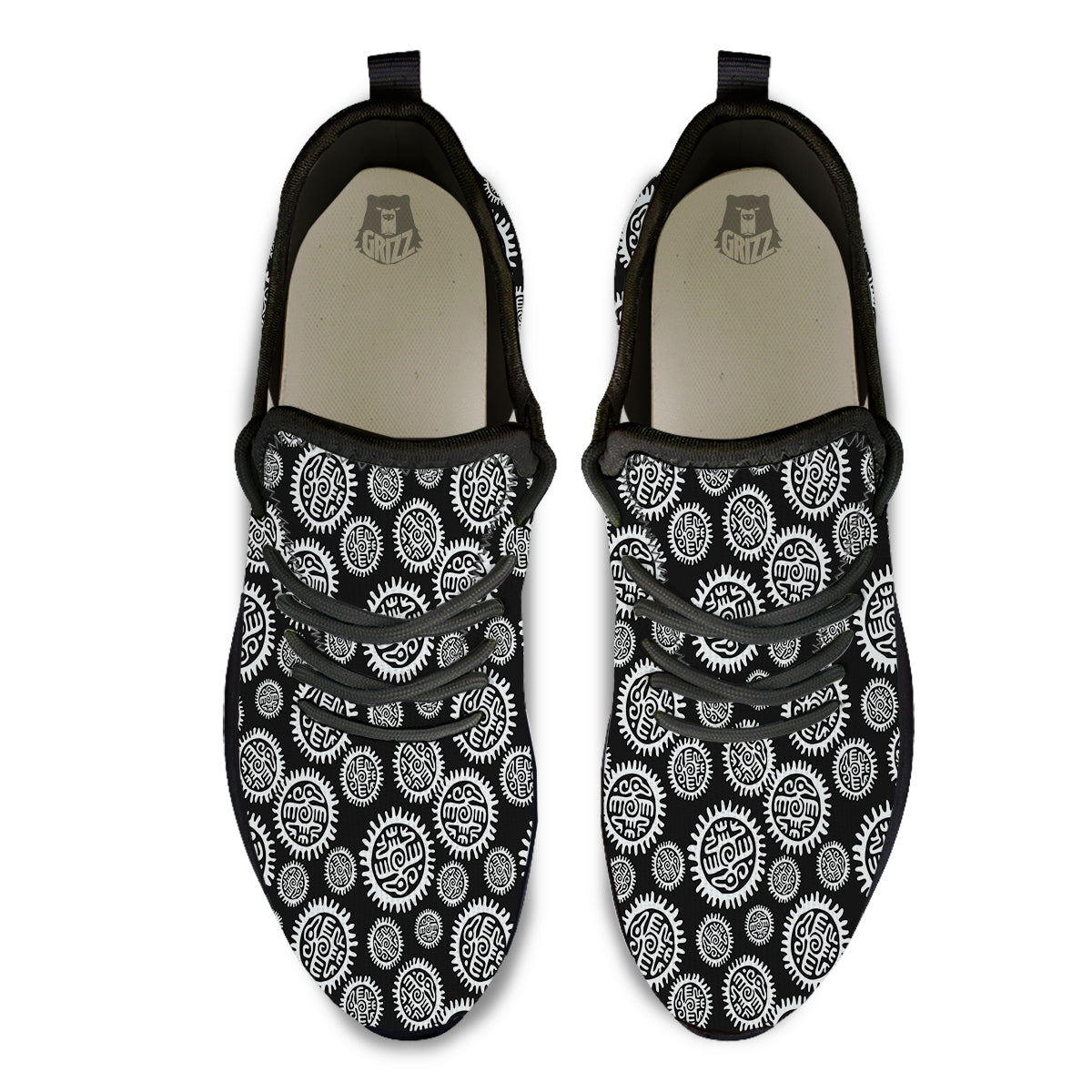 Black And White Aztec Mayan Eagle Print Pattern Black Athletic Shoes-grizzshop