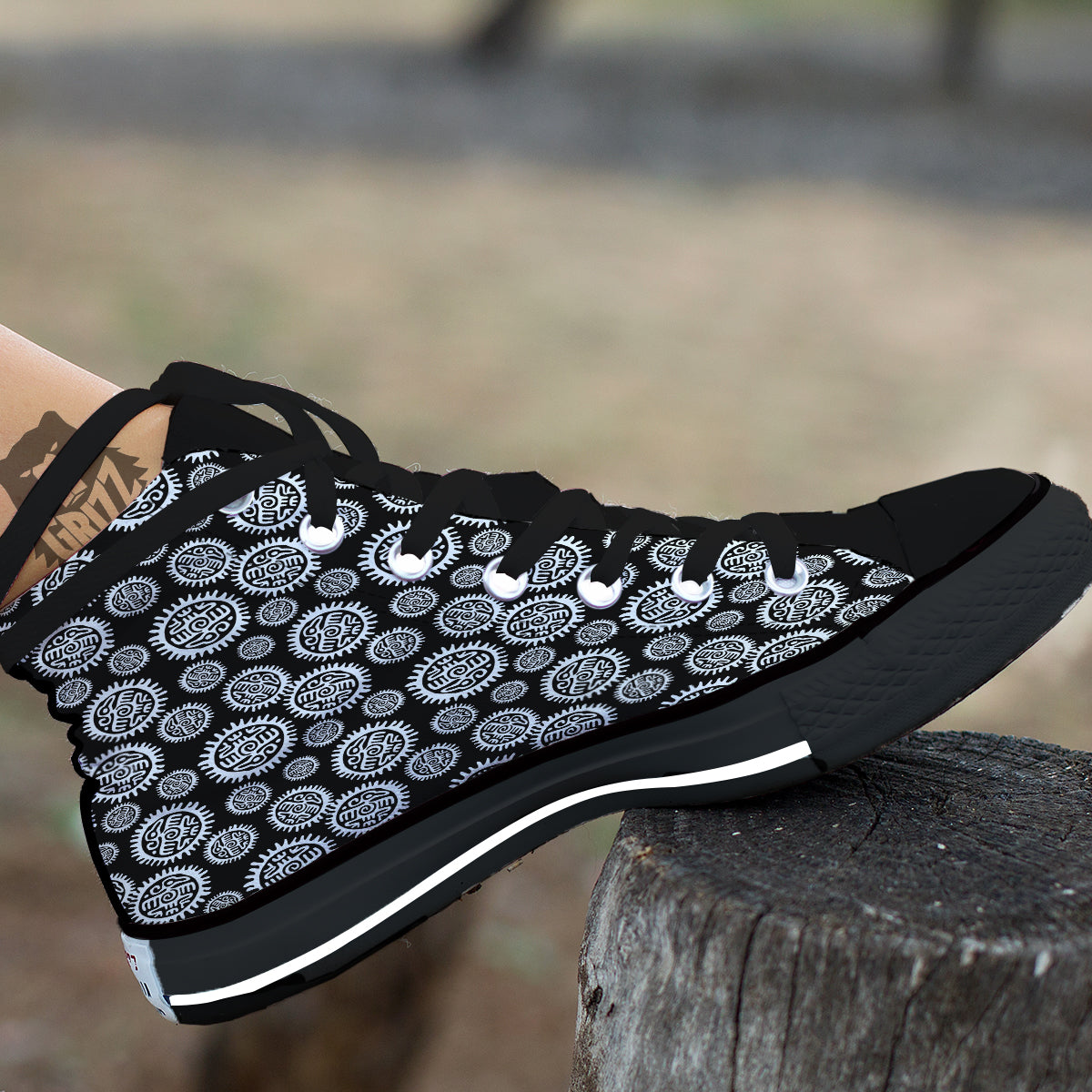 Black And White Aztec Mayan Eagle Print Pattern Black High Top Shoes-grizzshop