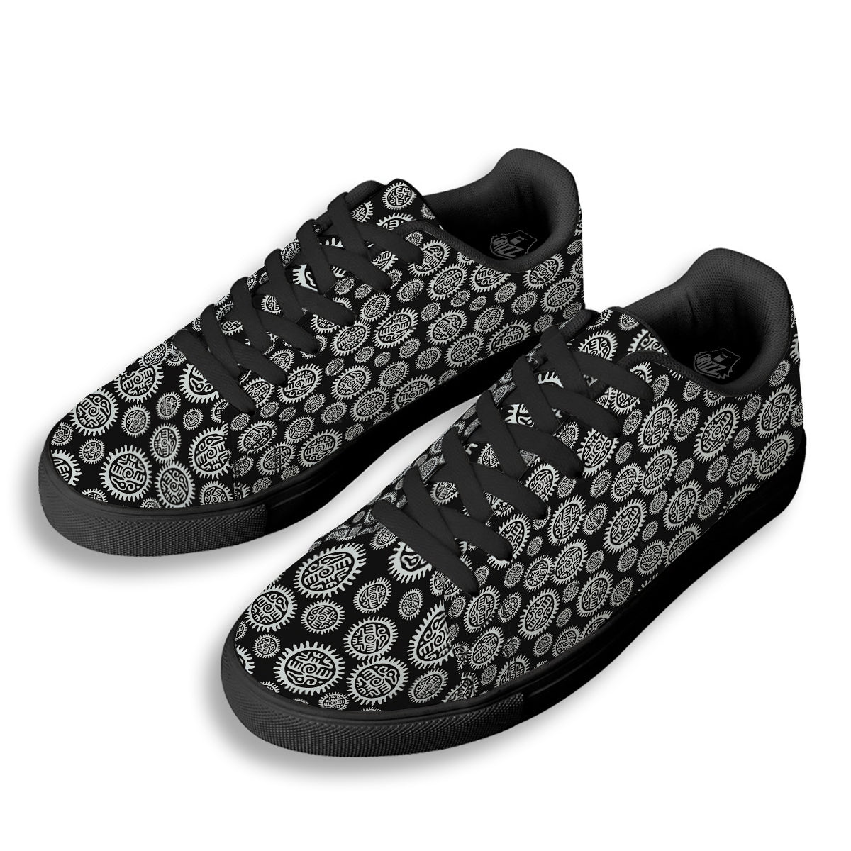 Black And White Aztec Mayan Eagle Print Pattern Black Low Top Sneakers-grizzshop
