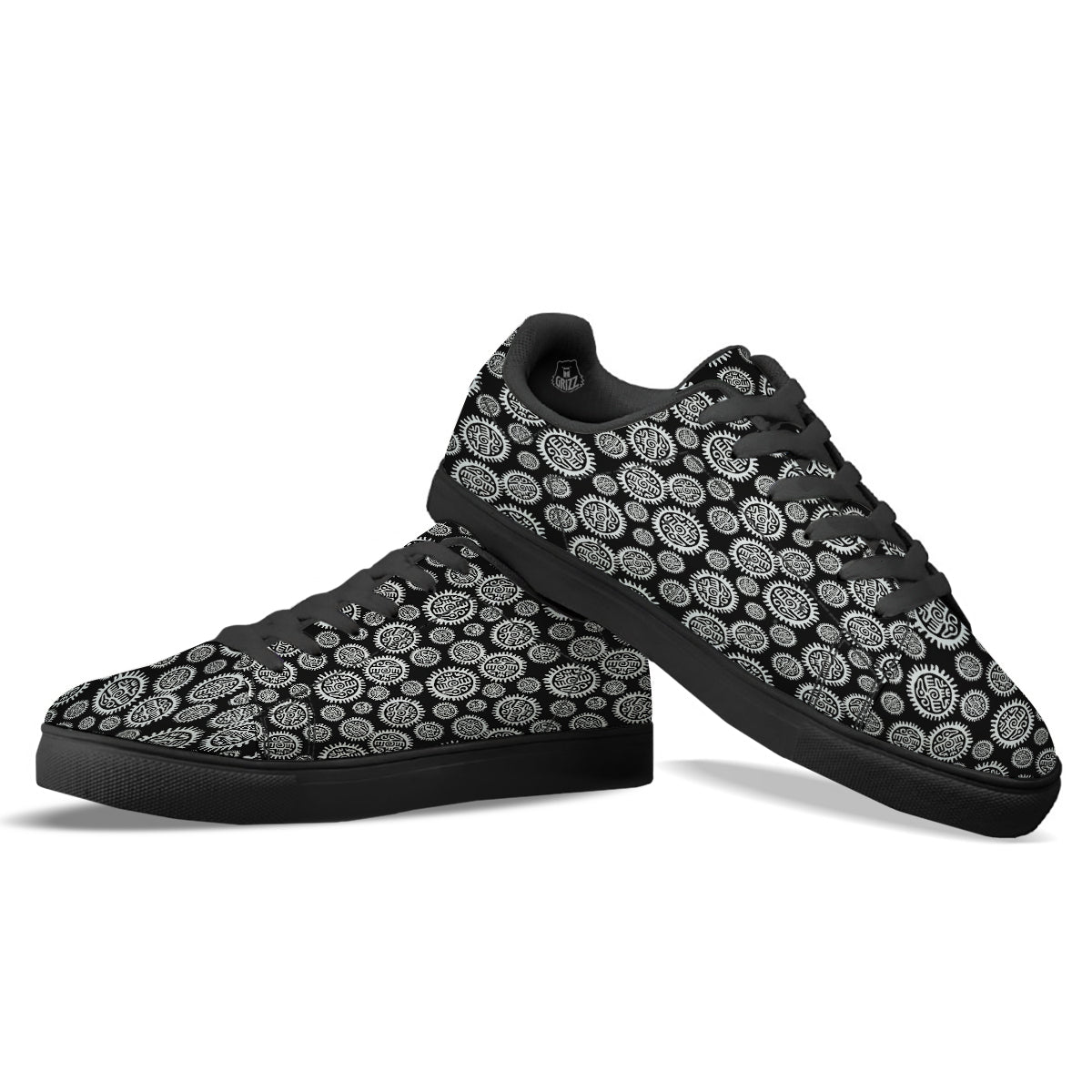 Black And White Aztec Mayan Eagle Print Pattern Black Low Top Sneakers-grizzshop
